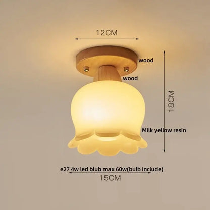 Modern wood and copper led ceiling light with warm milk yellow resin flower lampshade and wooden base cube wood copper