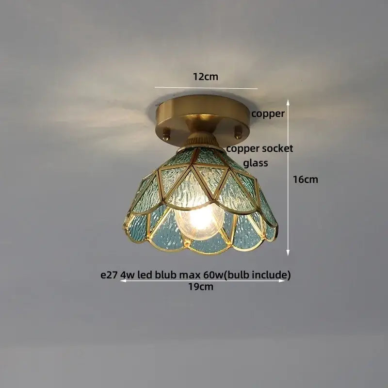 Modern wood & copper led ceiling light with copper base and teal geometric stained glass shade by decorbites cube wood copper