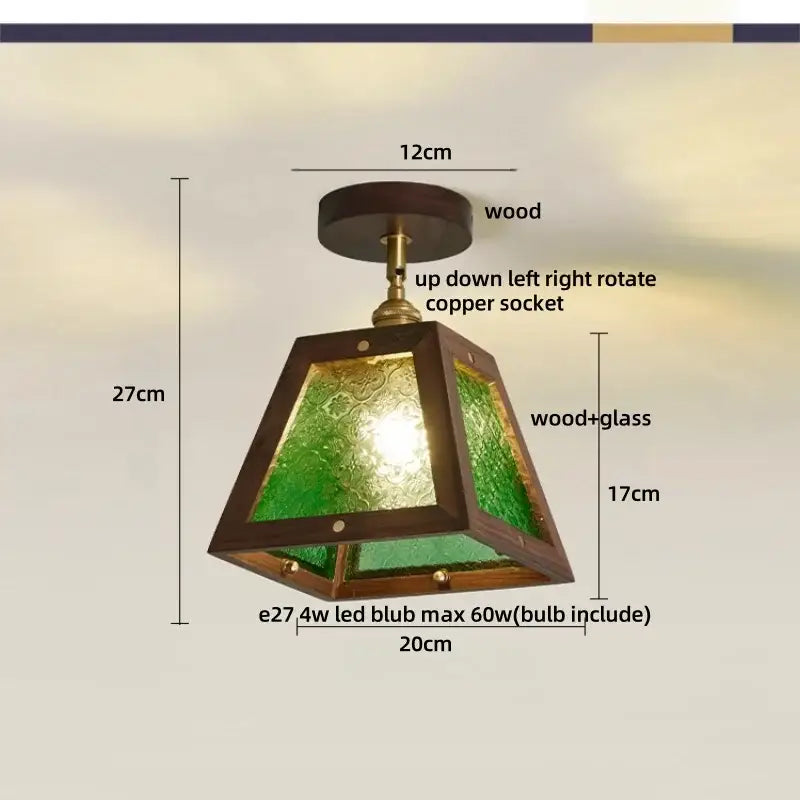 Modern wood and copper led ceiling light with dark wood frame green glass panels and adjustable copper socket for bedroom