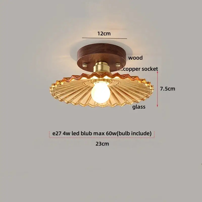 Rustic style ceiling light with dark wood base brass copper socket golden glass shade for modern bedroom decorbites cube wood copper