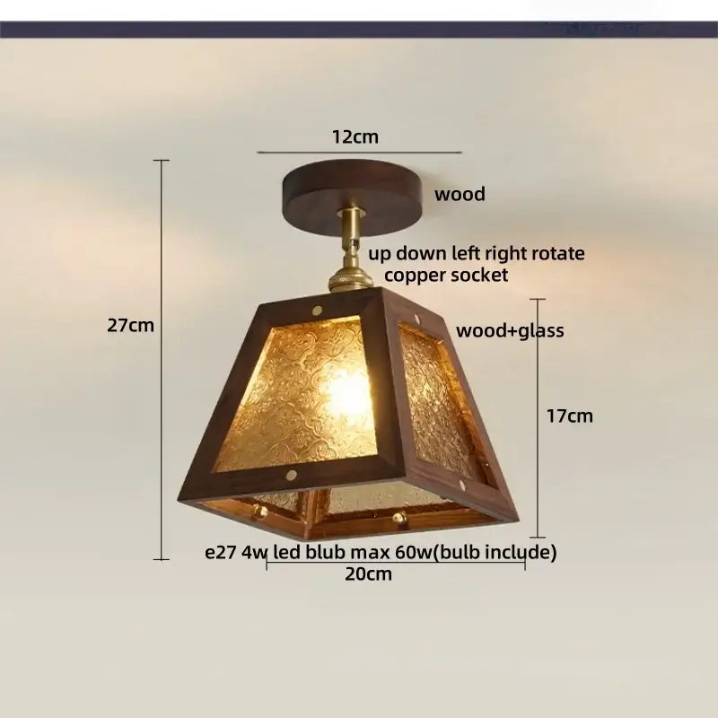 Modern wood and copper ceiling light with a warm-toned dark wood frame and textured glass decorbites cube wood design