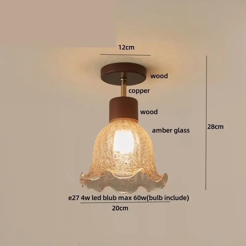 Modern cube wood copper ceiling light with warm amber glass pendant and wooden accents for bedroom decorbites cube wood