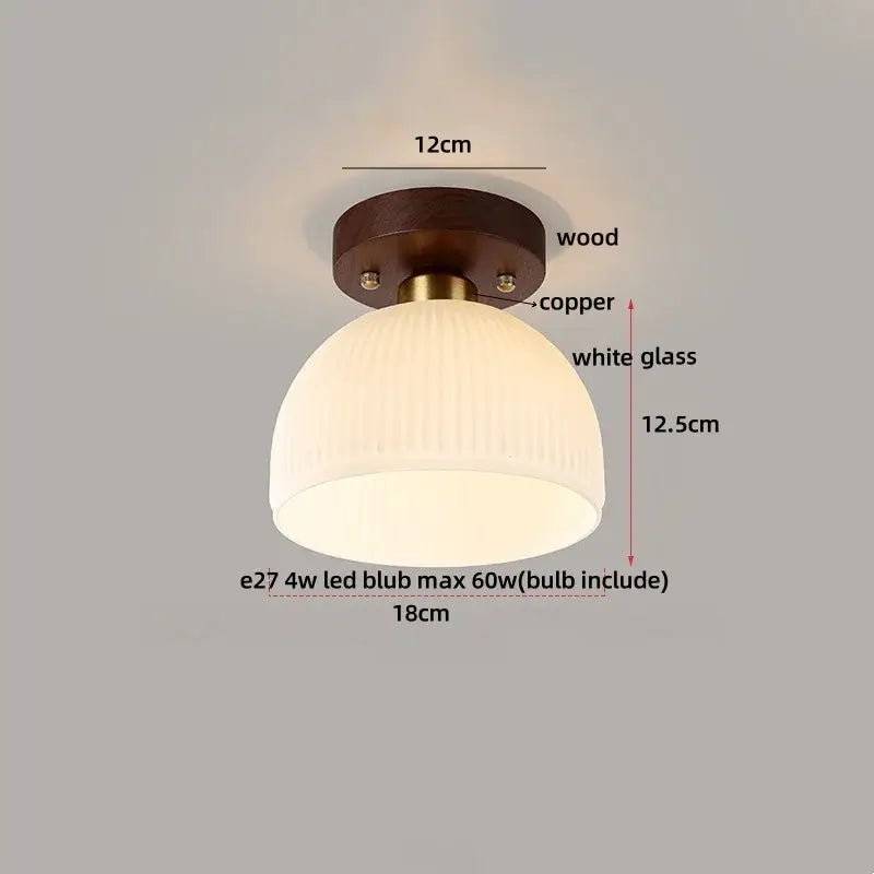 Modern wood and copper led ceiling light with dark wood base copper accents and white ribbed glass shade for bedroom decorbites cube wood copper