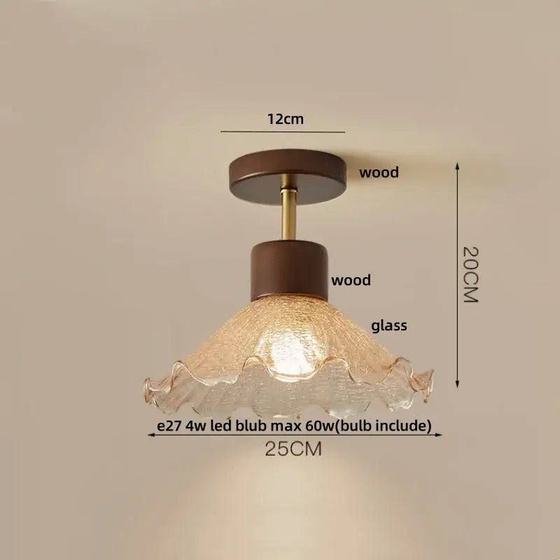 Modern wood and copper led ceiling light with warm-toned textured glass lampshade and dark wood decorbites cube wood mounting