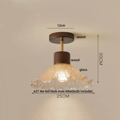 Modern wood and copper led ceiling light with warm-toned textured glass lampshade and dark wood decorbites cube wood mounting