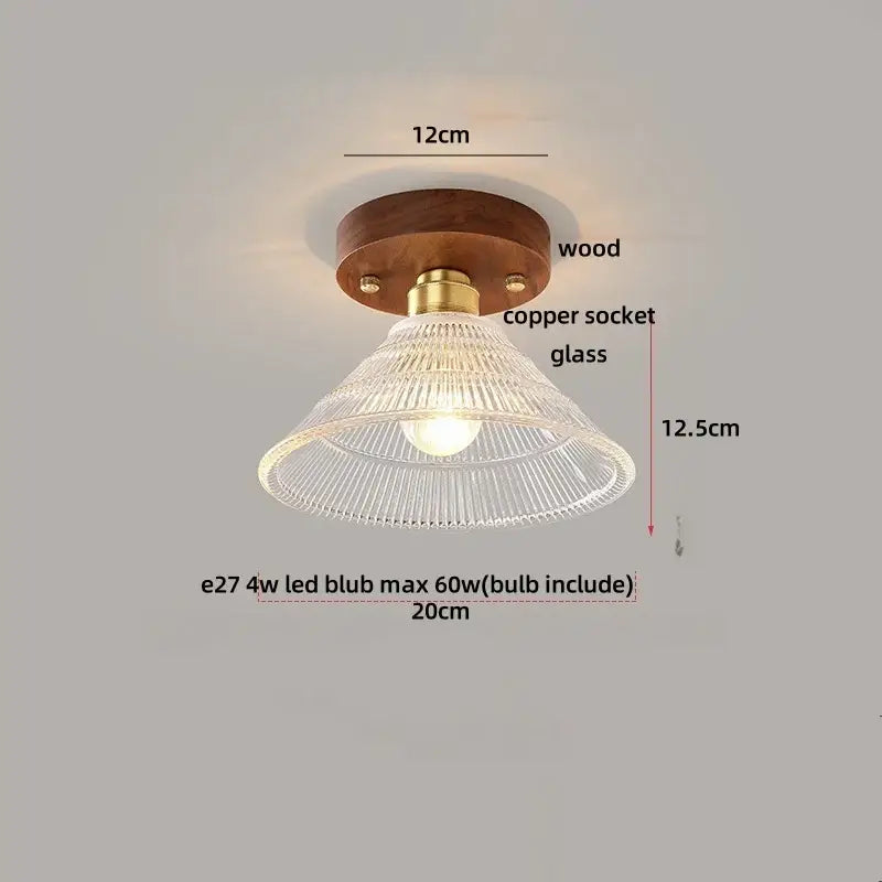 Modern wood and copper led ceiling light with clear ribbed glass lampshade wooden base for decorbites cube wood copper