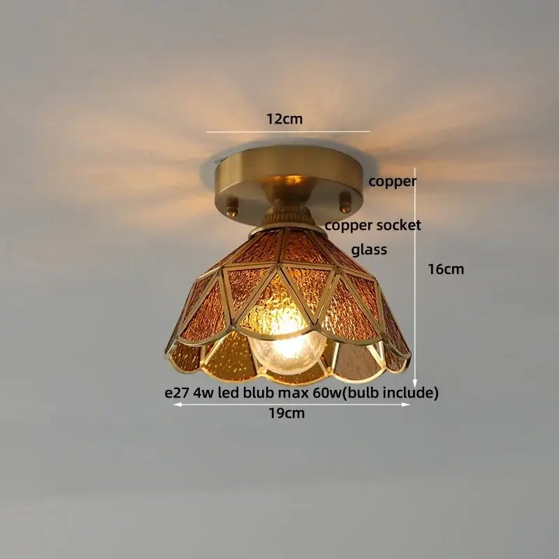 Modern wood and copper led ceiling light with vintage copper and amber stained glass shade for bedroom decorbites cube wood copper
