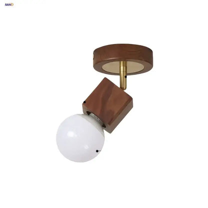 Modern wood and copper ceiling light with adjustable wooden and brass spotlight featuring a spherical white glass bulb