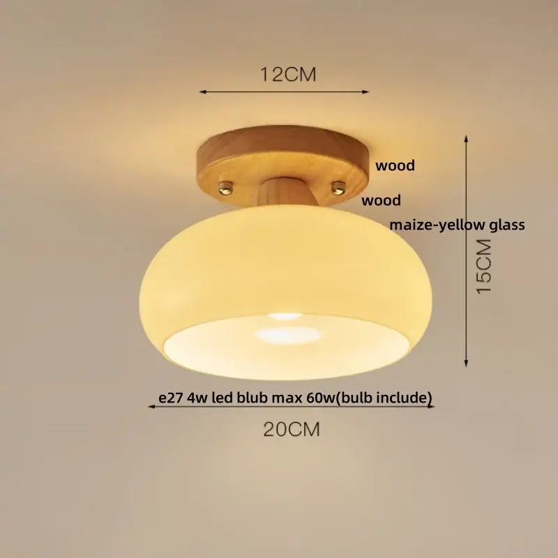 Modern wood and copper led ceiling light with maize yellow glass shade and natural wood base for bedroom decorbites cube wood copper