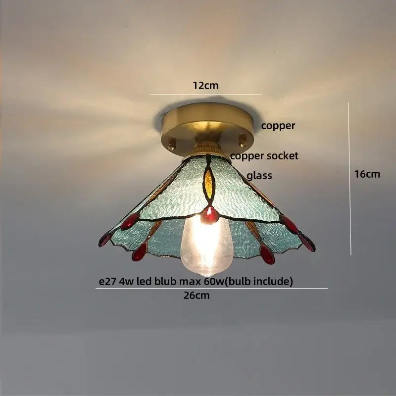 Modern wood cube wood copper ceiling light with tiffany-style teal and red stained glass shade and e27 led bulb for bedroom