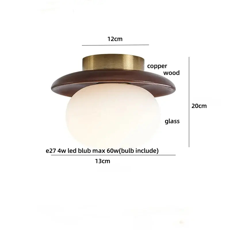 Modern ceiling light with brass copper base dark wood ring and frosted glass globe for decorbites cube wood copper style