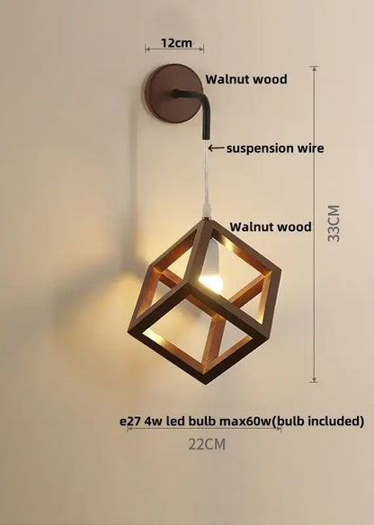 Walnut wood cube led wall lights with black suspension wire and included led bulb for modern bedroom sconce lighting