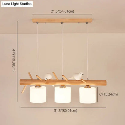 Modern wood cylinder hanging light with white glass shades and decorative bird figurines for kitchen use 220v-240v 110v-120v