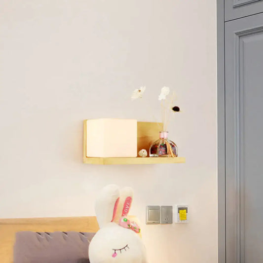 Light wood floating shelf with square white lamp and beige wall lamp bedroom sconce light for modern decor