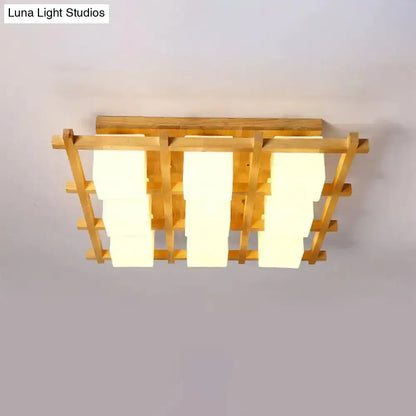 Modern wood grid semi flush mount ceiling light with rectangular wooden frame and three frosted glass panels for living room