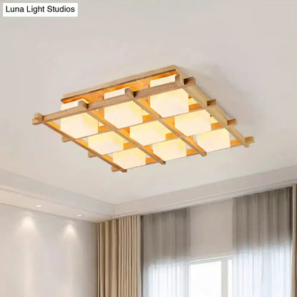 Rectangular modern wood grid semi flush mount ceiling light with natural wood frame and nine warm glowing panels