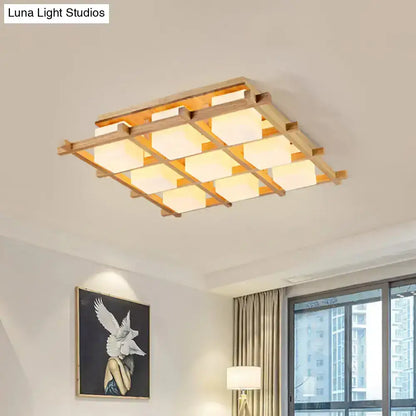 Rectangular modern wood grid semi flush mount ceiling light with natural wood frame and nine warm white glass panels