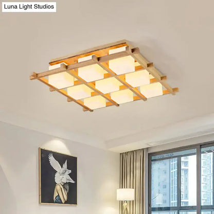Modern wood grid semi flush mount ceiling light with natural wood frame and nine warm frosted glass panels for living room