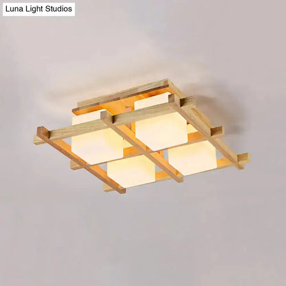 Modern wood grid semi flush mount ceiling light with natural wood frame and four warm glowing glass panels for living room