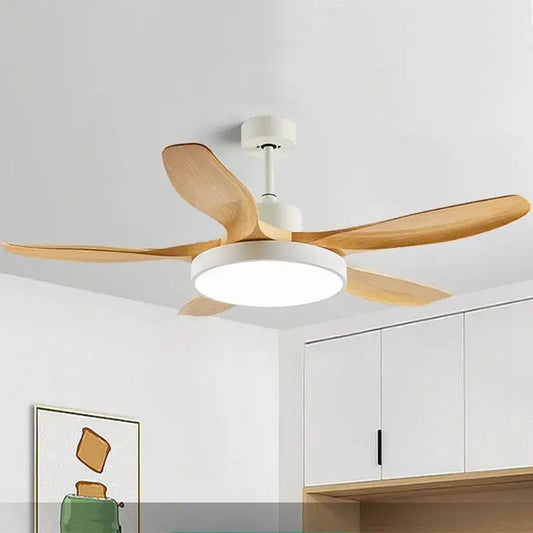 Modern wood led ceiling fan with five light wooden blades and white led light housing for living room decorbites ceiling fan