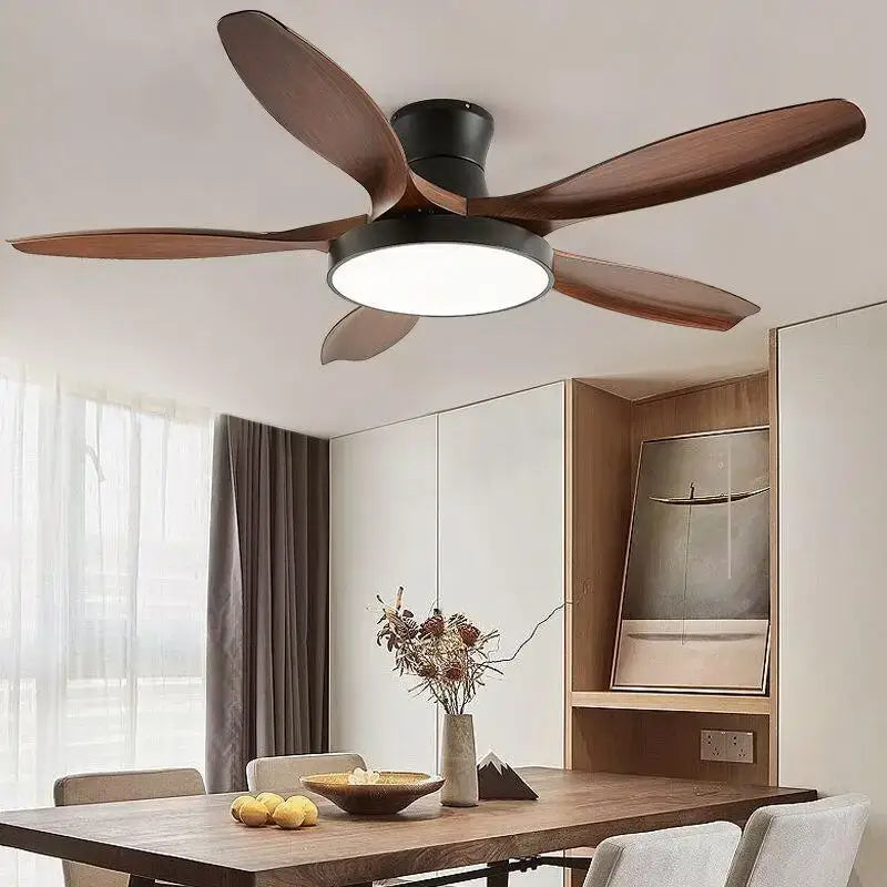 Modern wood led ceiling fan with five dark wood blades black housing and integrated circular led light for living room decorbites led ceiling fan