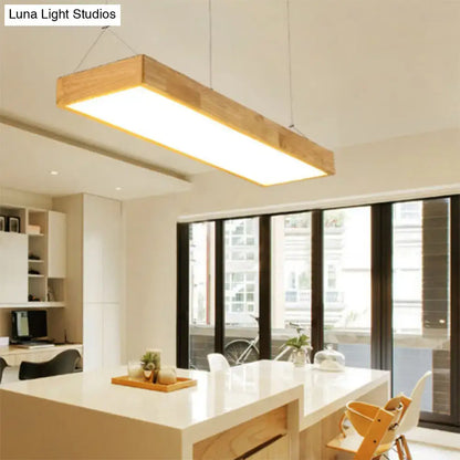 Modern wood rectangle ceiling light fixture with natural wood frame and warm glowing center in white warm third gear