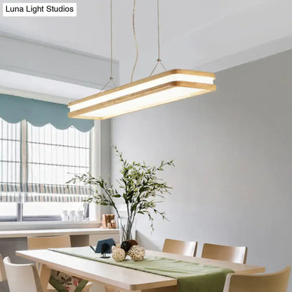Modern wood rectangular hanging island lamp with natural wood frame and integrated led lighting for dining room