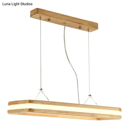 Modern wood rectangular hanging island lamp with natural wood frame and illuminated LED strip for dining room