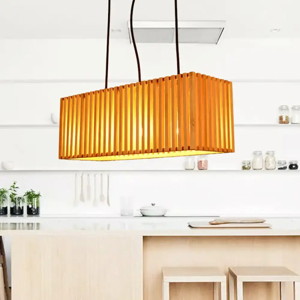 Decorbites modern wood island pendant light with warm amber rectangular shade vertical wooden slats led incandescent