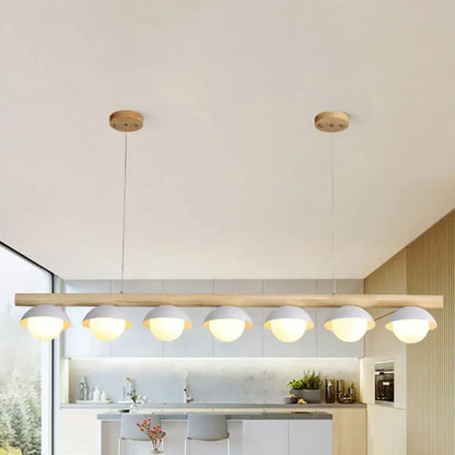 DecorBites modern wood stem linear chandelier with six white shade dome bulbs mounted on a wooden bar ideal for restaurants