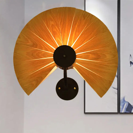 Modern wood veneer fan wall sconce with warm-toned wood and black metal base compatible with e26 e27 bulb base