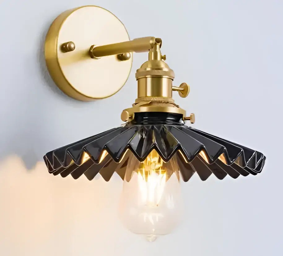 Modern wooden cube led wall sconce with a brass metal frame and black scalloped glass shade for bedroom decorbites led wall lighting