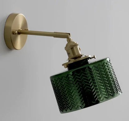 Modern wooden cube led wall sconce with green glass lampshade textured chevron pattern brass arm decorbites led wall sconce