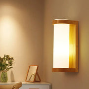 Modern warm-toned wooden rectangle sconce with frosted glass panel compatible with e26 e27 bulbs for bedroom wall light