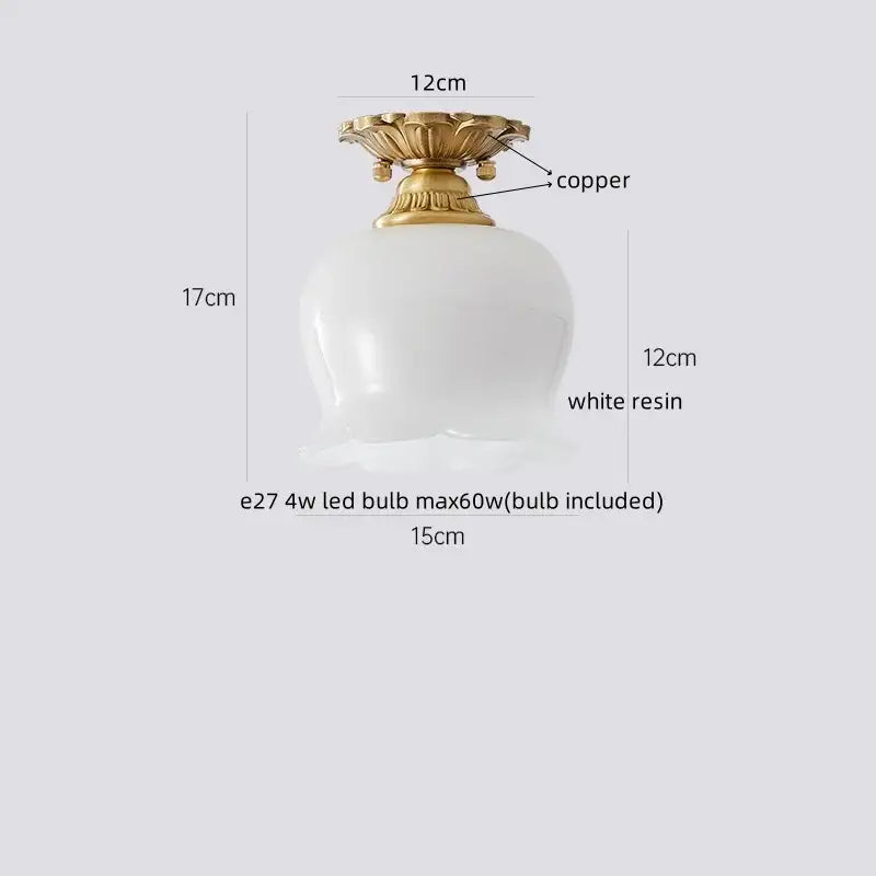 A white resin pendant ceiling light with copper finished ornate floral top for decorbites led wicker wood hallway use