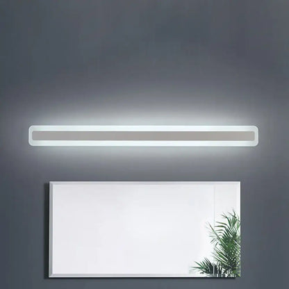 Modern yellow and gray bathroom vanity with white LED strip light mounted above a rectangular mirror for bright illumination