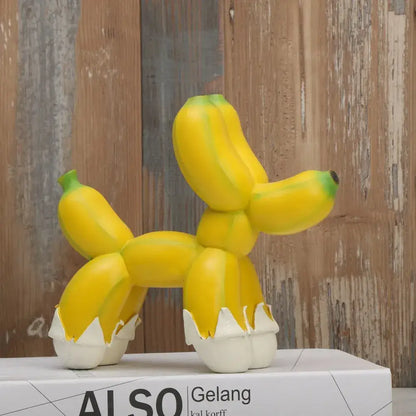 Modern yellow banana balloon dog sculpture with white eggshell feet for living room pop art decor