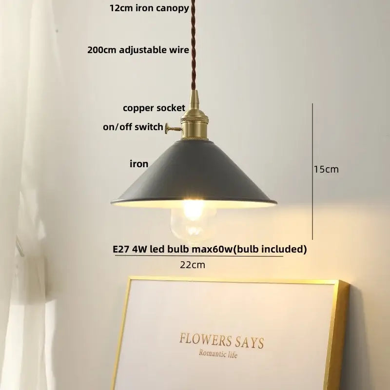 Modern yellow conical pendant light with black iron shade and decorbites copper knob, adjustable wire, and e27 led bulb