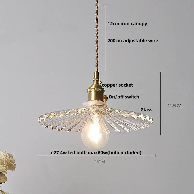 Modern yellow conical pendant light with decorbites copper knob iron, vintage brass-finished copper socket, and clear glass shade