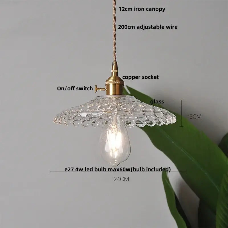 Modern yellow conical pendant light with decorbites copper knob iron and clear glass pendant light with scalloped canopy