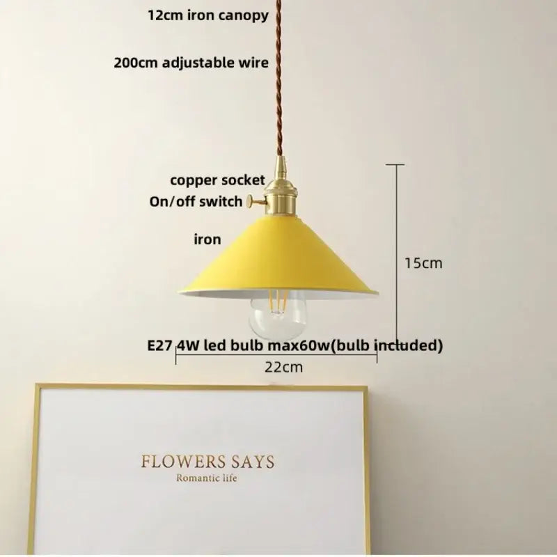 Yellow conical decorbites iron lampshade pendant light with brass-finished copper socket for modern kitchen decor