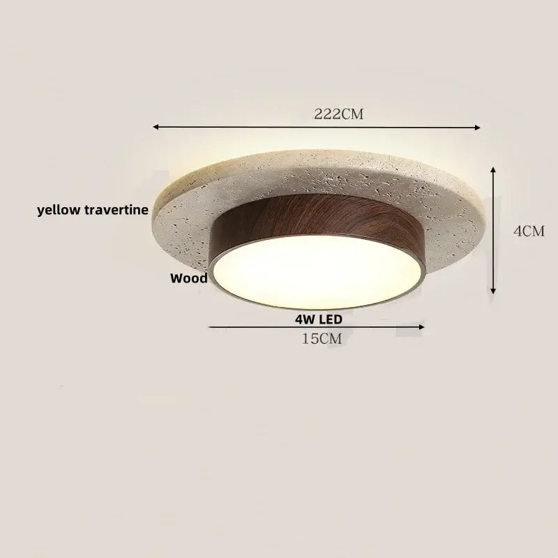 Modern yellow travertine ceiling light with wood inner band and 4w decorbites led panel for bedroom decor