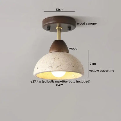 A modern yellow travertine ceiling light with a dark wood canopy and stem by decorbites led wood for bedroom decor