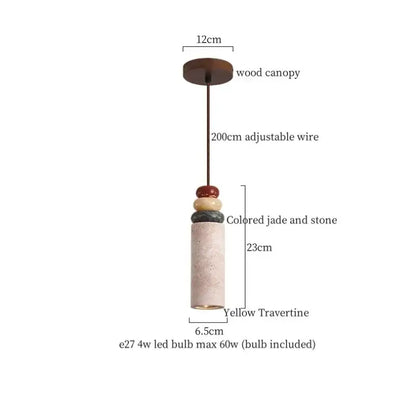 Modern yellow travertine led pendant lights featuring a cylindrical yellow travertine shade with wood canopy and jade beads