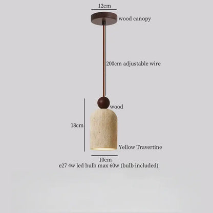A modern pendant light with warm yellow travertine led shade and dark wood canopy by decorbites for kitchen island decor