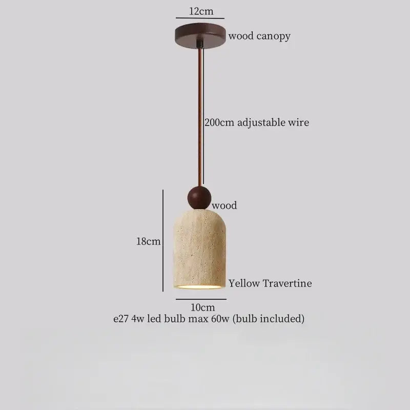 A modern pendant light with warm yellow travertine led shade and dark wood canopy by decorbites for kitchen island decor