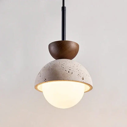 Modern yellow travertine led pendant lights feature a textured concrete dome with wooden accent and frosted glass bulb