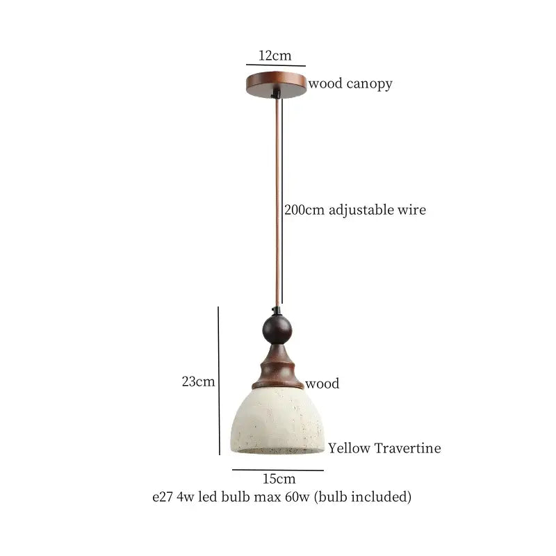 A rustic pendant light with a wood canopy and decorbites yellow travertine led shade for kitchen island decor