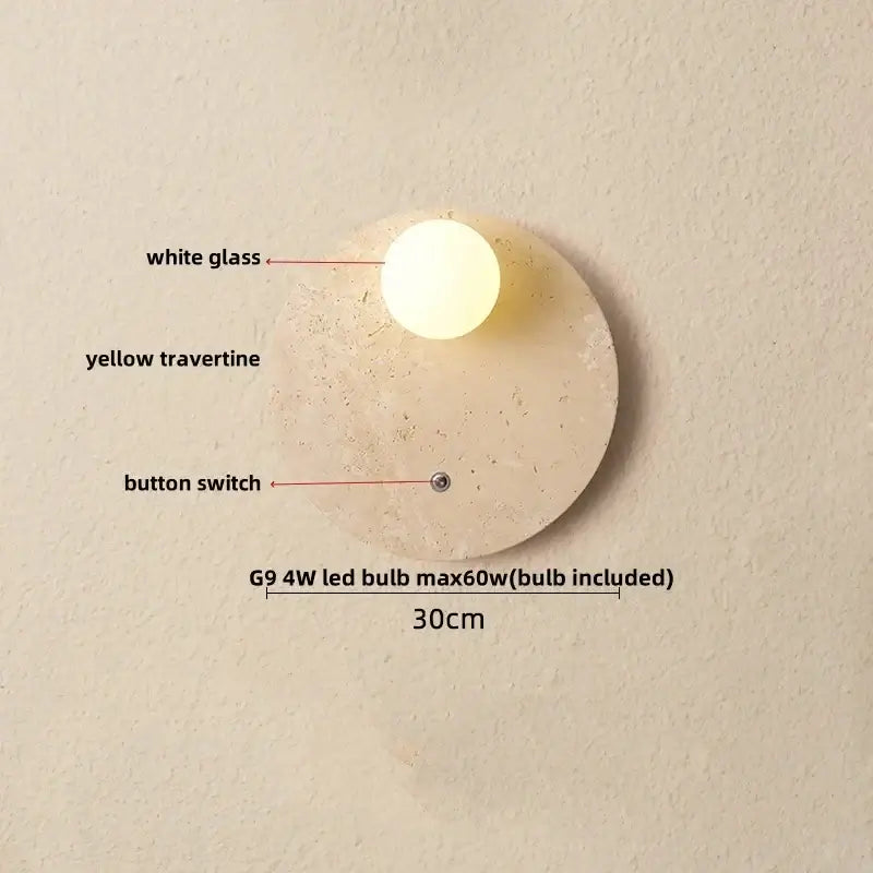 Modern yellow travertine led wall lamp with white glass globe and integrated button switch for bedroom lighting