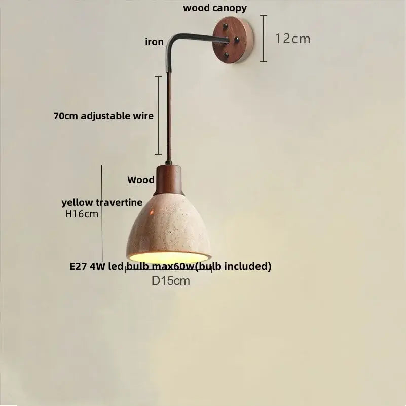 Rustic industrial wall lamp with wooden canopy iron arm and yellow travertine shade decorbites led yellow bedroom stair light